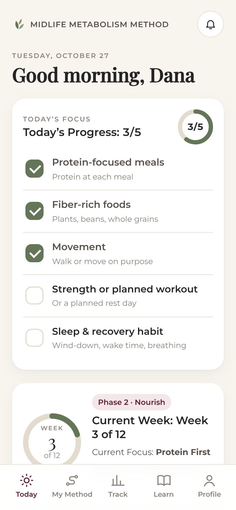 Midlife Metabolism Method app: daily habits and progress